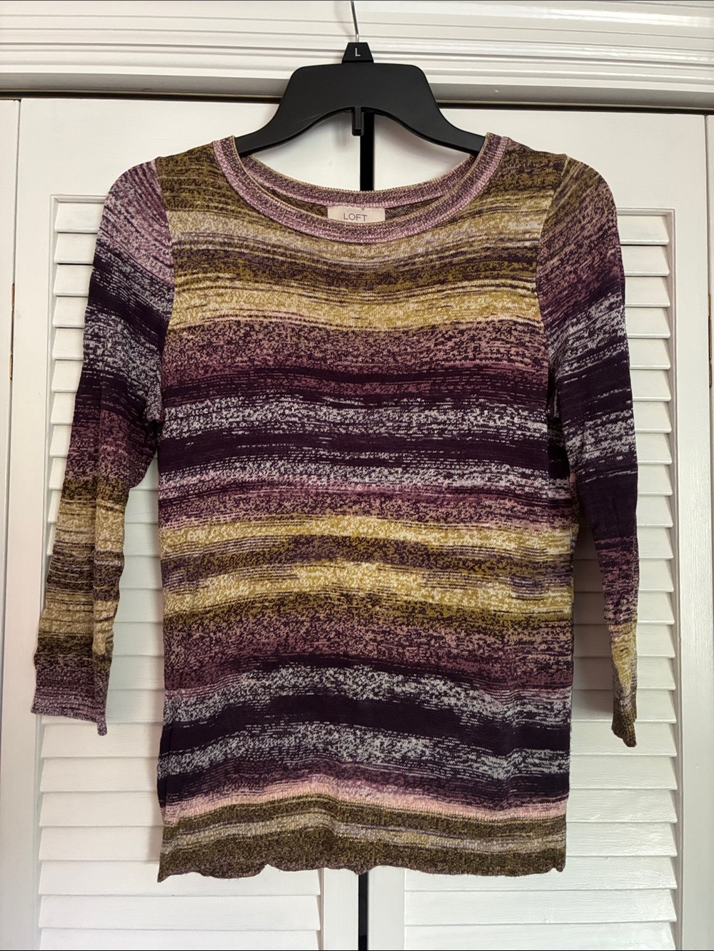 LOFT Striped Knit Top, 3/4 Length Sleeves in Purple, Olive & Pink Hues